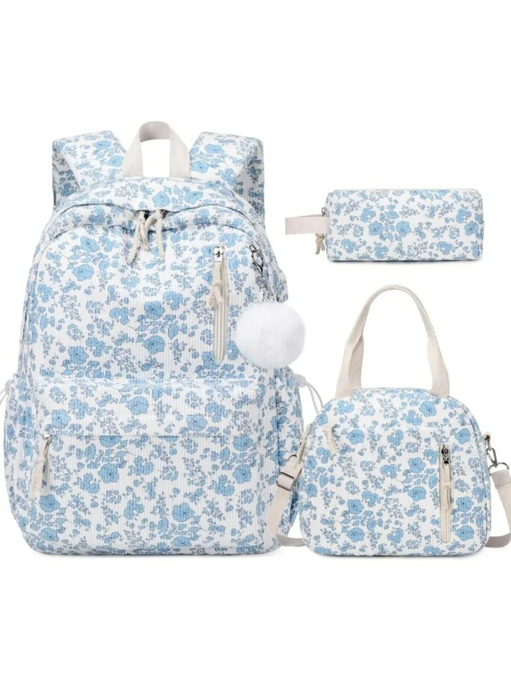 3PCS Girls Corduroy Backpack Set with Lunch Box & Pencil Bag - Blue Floral